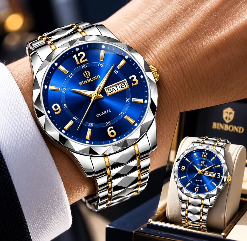 Luxury Blue-and-Gold Watch Advertisement.webp