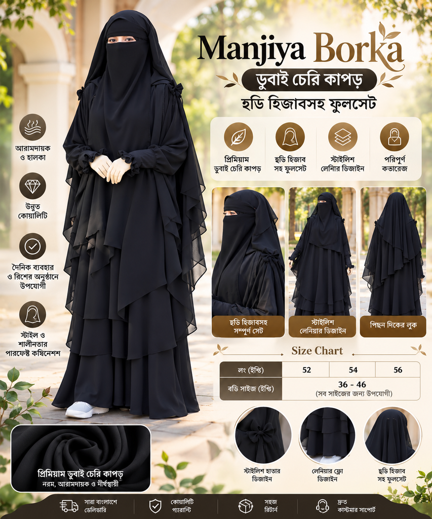 Manjiya Borka – Dubai Cherry Fabric with Hooded Hijab Full Set